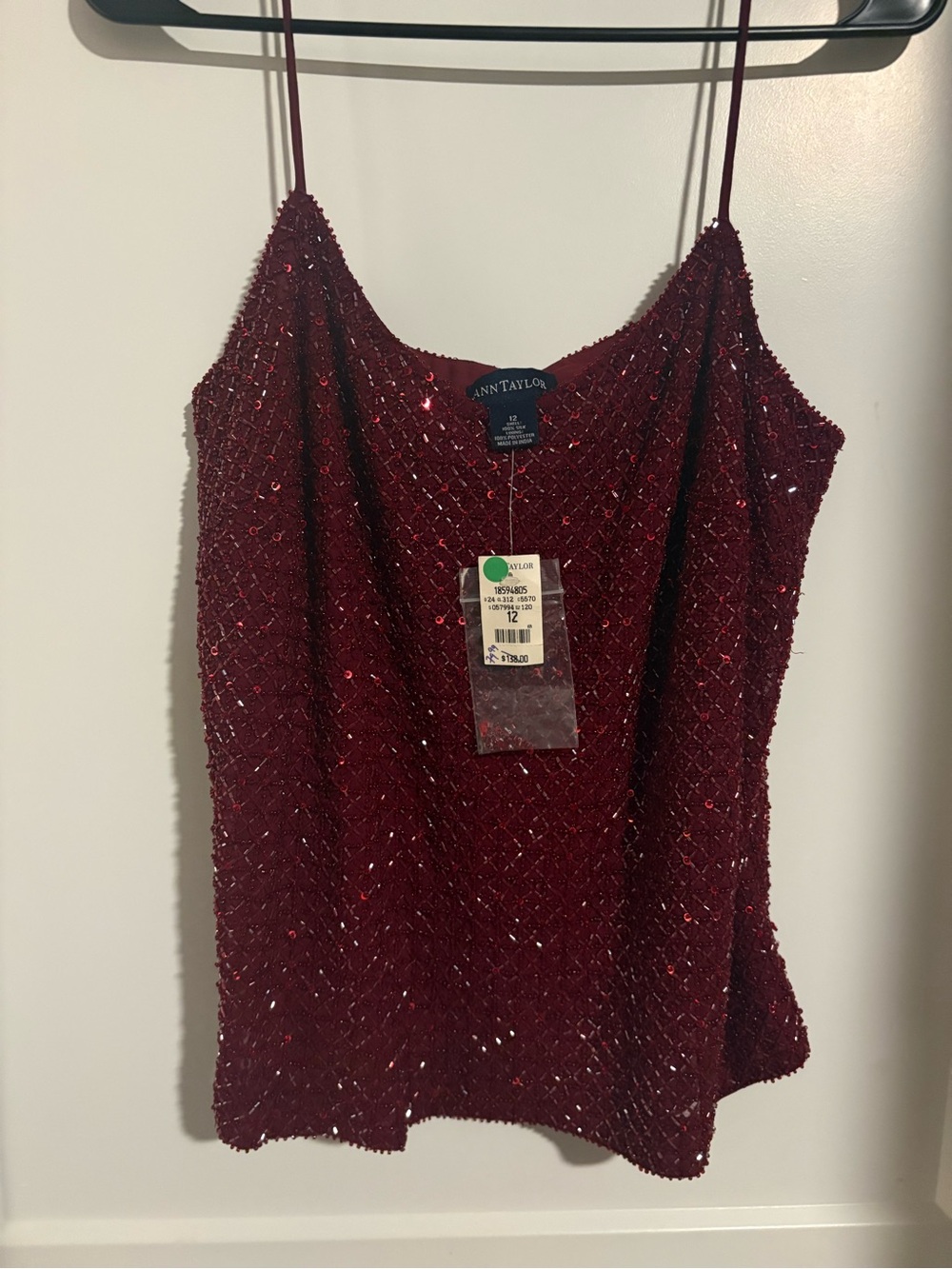Ann Taylor Burgundy Sequin Spaghetti-Strap Cami Top